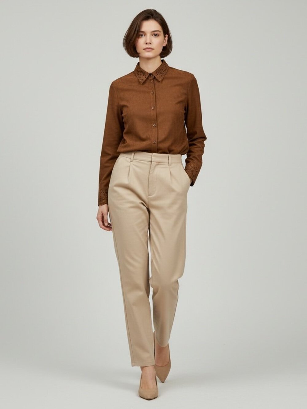 Bill Blass Women's Brown Button-Down with Laser-Cut Collar & Cuffs